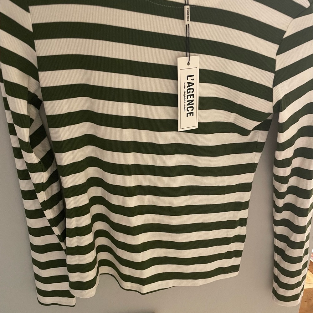 L'AGENCE Olive and White Striped Long Sleeve Top - Picture 2 of 2